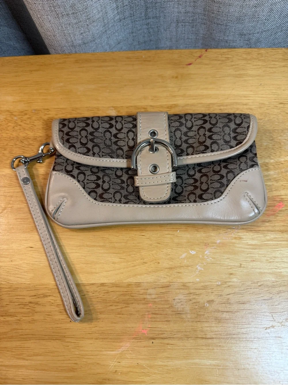 Coach Beige and Brown Signature Logo Wristlet Clutch